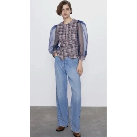 Zara Woman Size M Tweed Organza Puff Sleeve Blouse Boho Grunge Peasant Festival - Picture 1 of 13